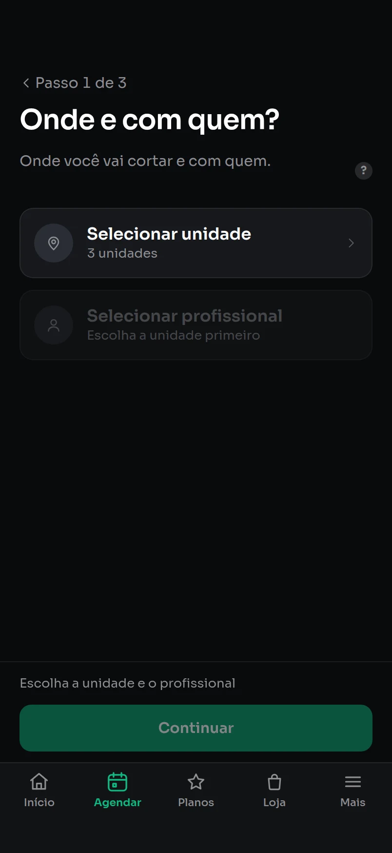 Aplicativo do cliente, escolha de horário